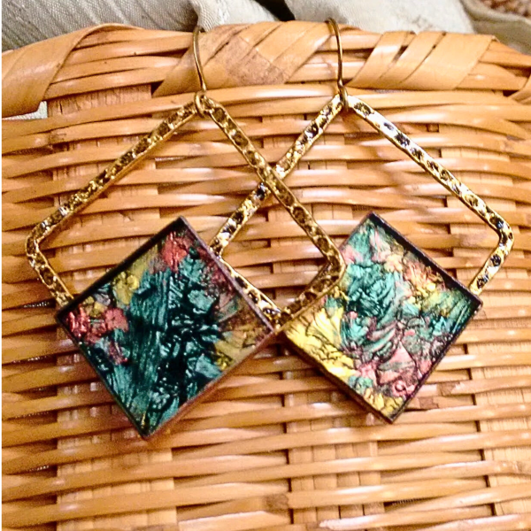 antiqued gold van gogh green, gold and copper stained glass earrings handcrafted by brockus creations