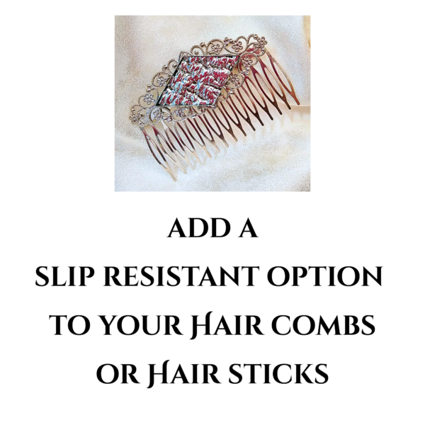 graphic of a stained glass accented hair comb promoting a slip resistant add on for hair combs and hair sticks handcrafted by brockus creations