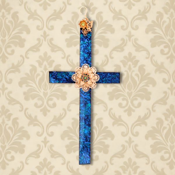 13 inch Van Gogh stained glass wall cross in blue and turquoise glass with gold butterfly and flower handcrafted by Brockus Creations