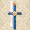 13 inch Van Gogh stained glass wall cross in blue and turquoise glass with gold butterfly and flower handcrafted by Brockus Creations. Shown with ruler to give scale.