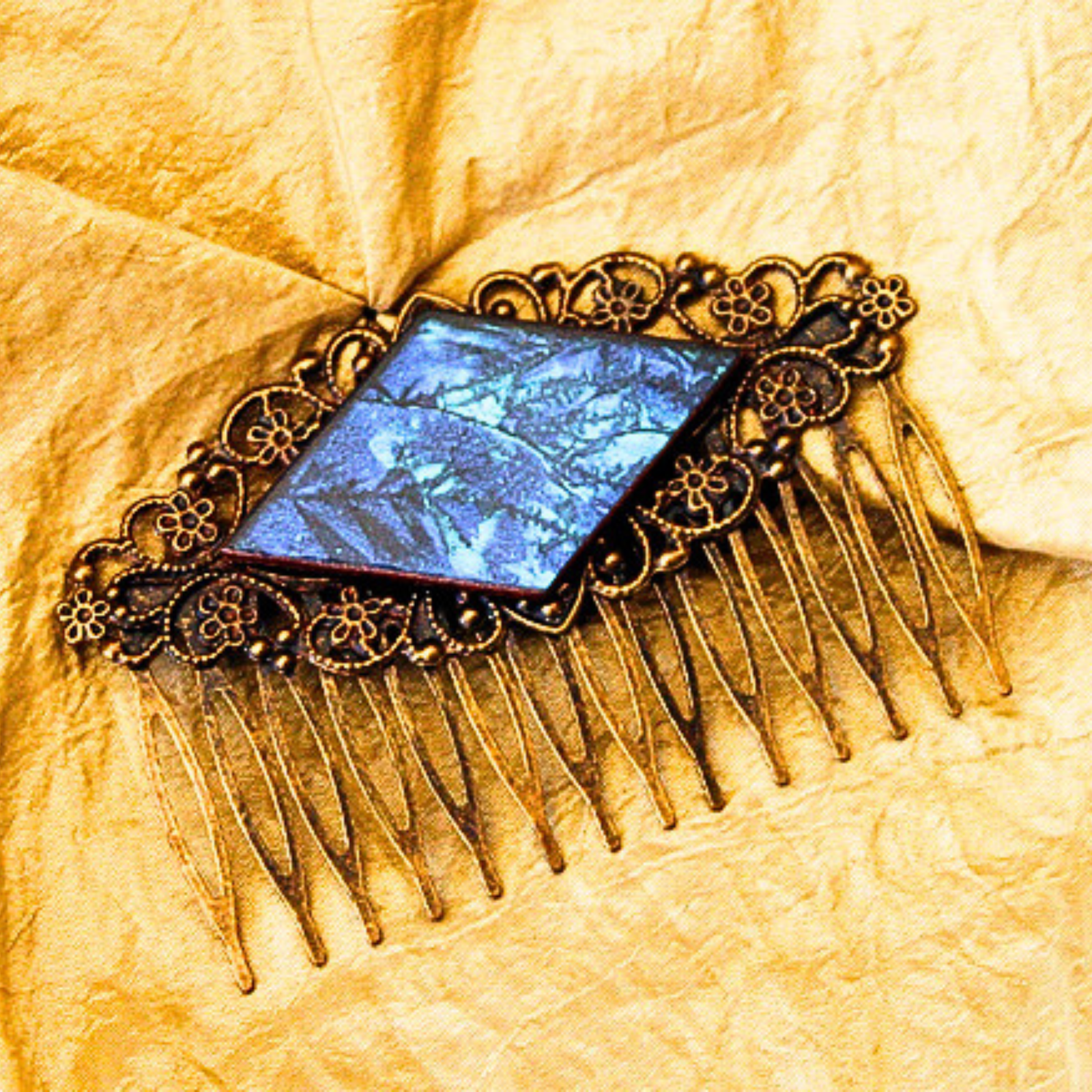 blue and turquoise van gogh stained glass large antiqued gold hair comb handcrafted by brockus creations