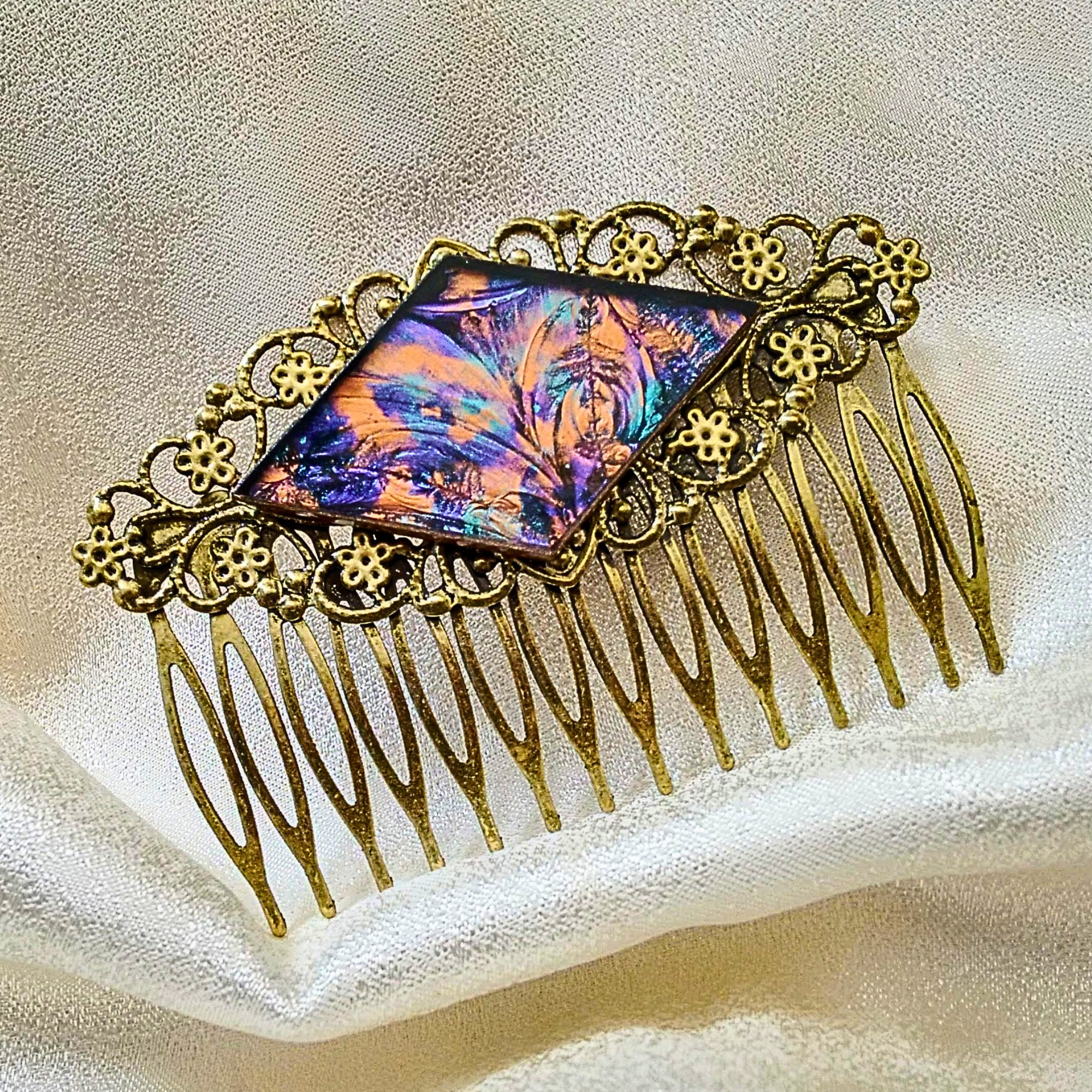 violet, turquoise and copper van gogh stained glass on antiqued gold hair comb handcrafted by brockus creations